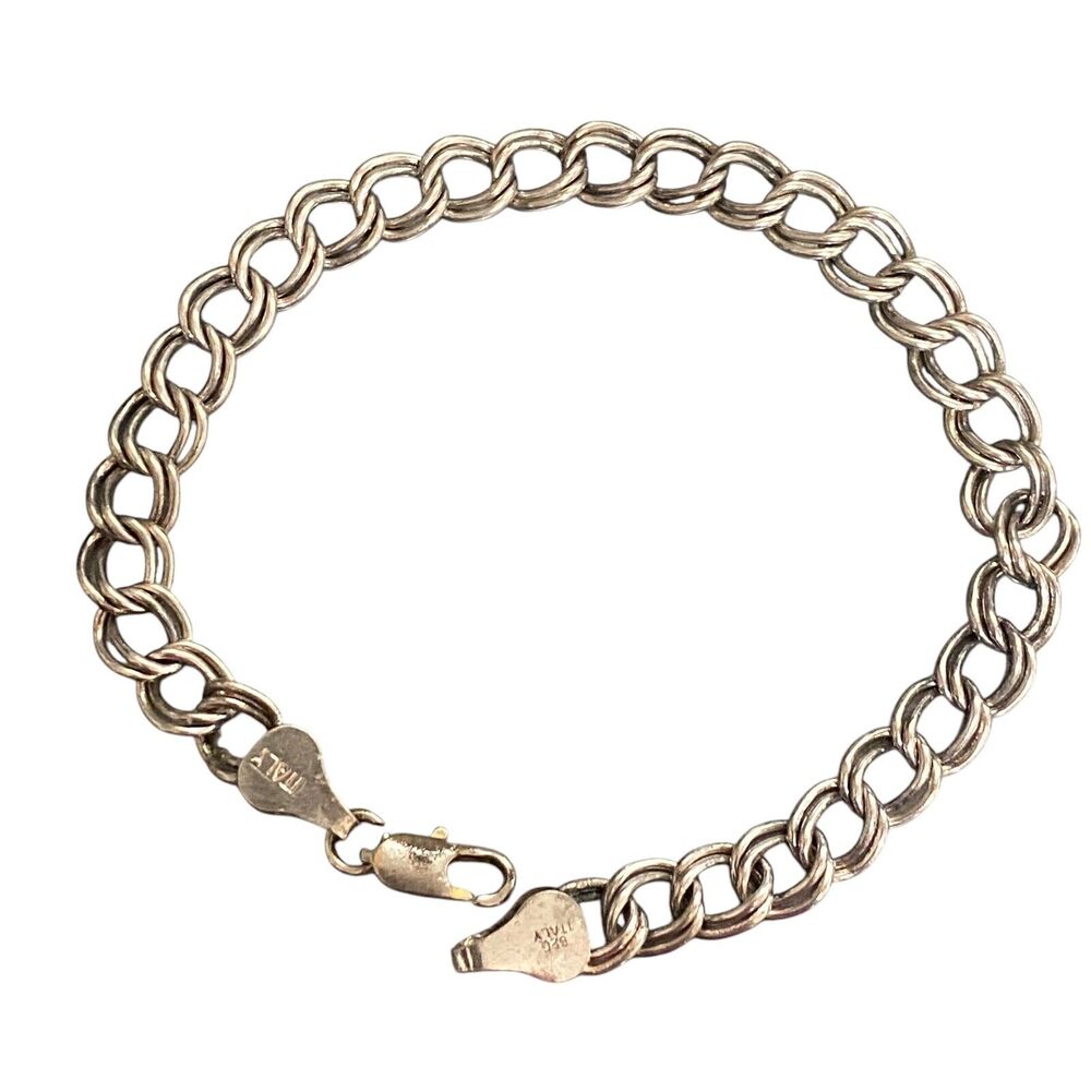 Vintage Sterling Silver 925 Double Signed ATI Double Link Charm Chain Bracelet